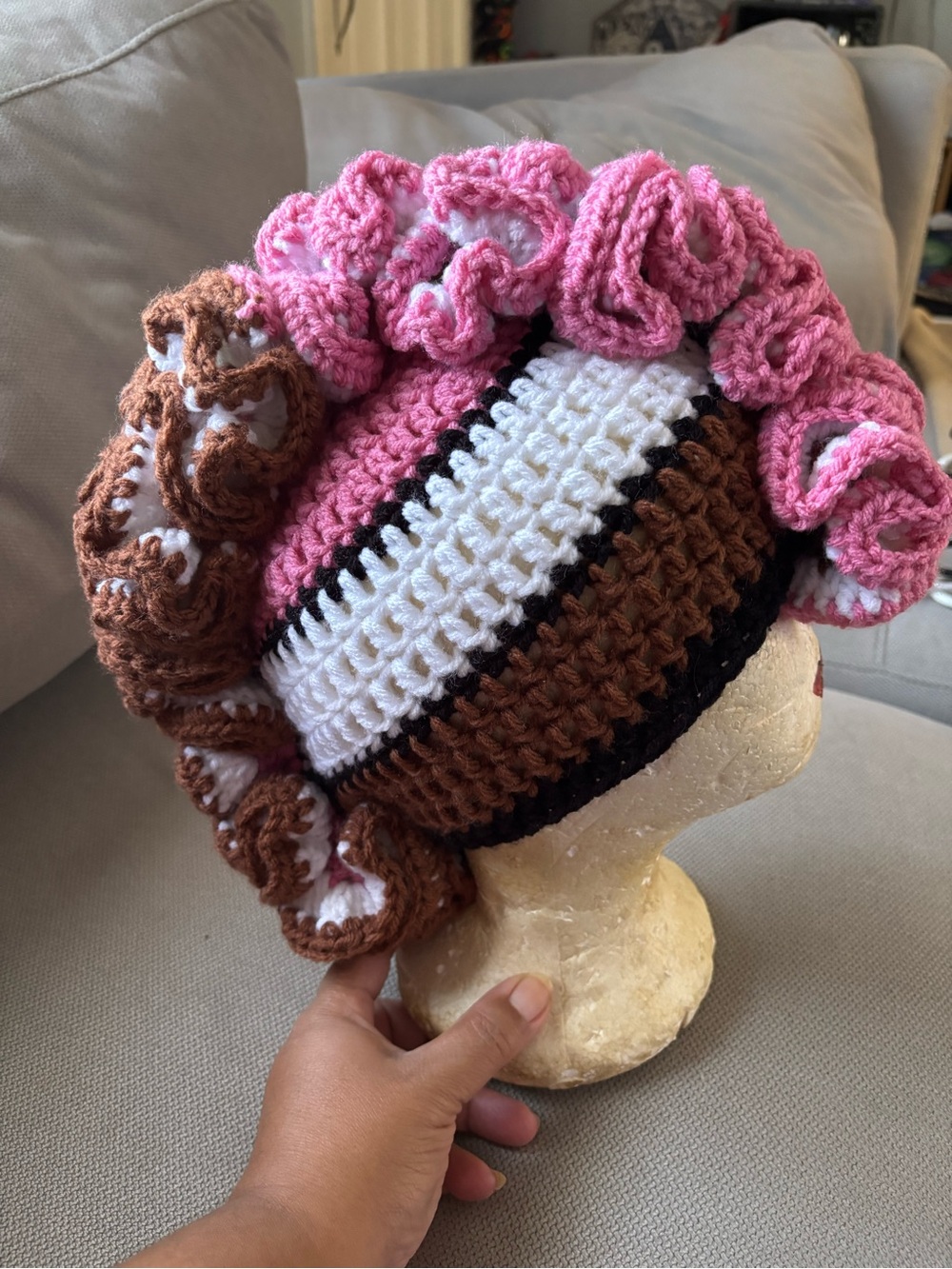 Handmade Crochet Ruffle Beanie - Pink, White & Brown